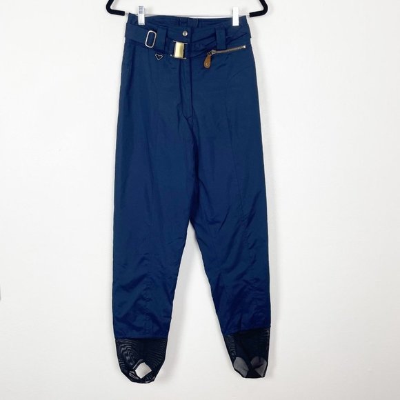 VTG Woman's Sz 8 Navy Blue Belted Stiletto Style Stirrup Snow Pants - Picture 1 of 7
